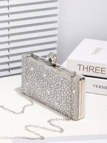 Women's Evening Bag With Rhinestone Decoration, Shiny Box-Shaped Clutch Bag With Gemstone Metal Chain, Perfect And Charming, Bridal Purse For Wedding, Party, Ball, Night Event, Birthday Gift, Valentine's Day Gift, Gathering, Crossbody Bag, Handbag, Clutch Bag, Cosmetic Bag