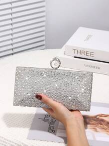 Women's Evening Bag With Rhinestone Decoration, Shiny Box-Shaped Clutch Bag With Gemstone Metal Chain, Perfect And Charming, Bridal Purse For Wedding, Party, Ball, Night Event, Birthday Gift, Valentine's Day Gift, Gathering, Crossbody Bag, Handbag, Clutch Bag, Cosmetic Bag