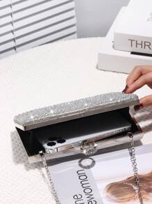 Women's Evening Bag With Rhinestone Decoration, Shiny Box-Shaped Clutch Bag With Gemstone Metal Chain, Perfect And Charming, Bridal Purse For Wedding, Party, Ball, Night Event, Birthday Gift, Valentine's Day Gift, Gathering, Crossbody Bag, Handbag, Clutch Bag, Cosmetic Bag