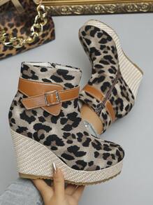 Botas de tobillo con plataforma para mujer, zapatos con cuña de tacón de moda, botas cortas con suela gruesa de estampado de leopardo, cremallera y tacón alto cómodo