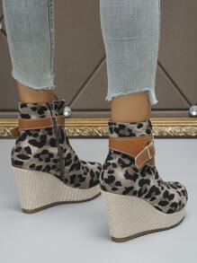 Botas de tobillo con plataforma para mujer, zapatos con cuña de tacón de moda, botas cortas con suela gruesa de estampado de leopardo, cremallera y tacón alto cómodo