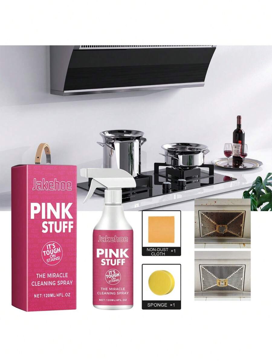 1 件装多用途厨房清洁剂，120ml 瓶 + 海绵 + 抹布，强力除油配方，适用于瓷砖、炉灶、锅碗瓢盆，适用于厨房、餐厅、派对、聚会、送给朋友、家人的礼物、圣诞礼物 - 粉紅白色 - 查看 1