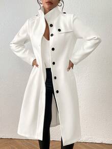 Single-Breasted Casual Stand Collar Woolen Coat - White - View 5
