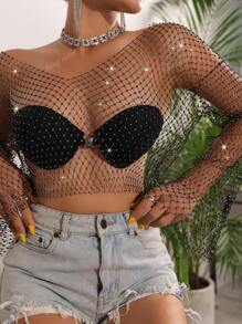 Top corto sexy y brillante con cuello en V transparente y pedrería, blusa de red de manga larga para fiestas y salir de fiesta para mujeres
