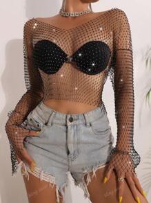 Top corto sexy y brillante con cuello en V transparente y pedrería, blusa de red de manga larga para fiestas y salir de fiesta para mujeres