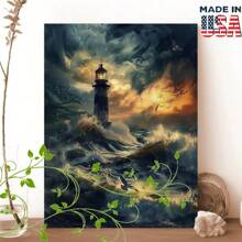1pc Wooden Framed Canvas Painting Lighthouse At Night, Birds, Ocean Waves, Moody AtmosphereHalloween Christmas Home Decorating Gifts - 其它 - 查看 4