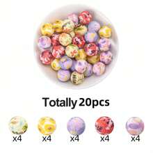20 件 15 毫米印花硅胶珠 5 种图案混合套装、印花花卉设计、DIY 珠宝、项链、手链、钥匙扣、串珠笔散装工艺珠 - 多功能手工配件 - 15mm印刷矽膠珠子 - 查看 10