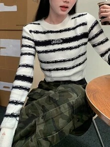 Striped Letter Printed Long Sleeve Women Vintage Casual Fitted Crop Top - White - View 4