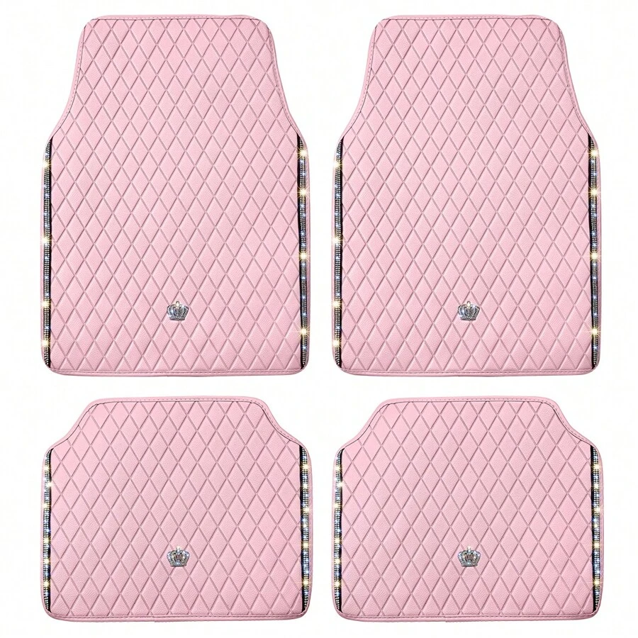 Almohadilla para pies de carro de ajuste universal de PVC y - Diseño de corona en rojo y negro con bordado brillante y detalles de rhinestones artificiales, fácil de limpiar, unisex y duradero - Rosa - Ver 1