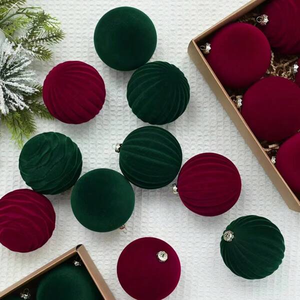 12 piezas Bolas de Navidad de 8cm con efecto aterciopelado, adornos colgantes para árbol de Navidad de color burdeos/verde oscuro para decoración navideña