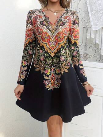 Women's Casual Retro Style Printed Long Sleeved Dresses For Women,Fashion Scallop Women Short Dresses,Spring Outfits For Women,Women's Long - Sleeve V - Neck Dress, Floral & Paisley Print, Flared Hem Design, Ideal For Casual & Special Occasions, Must - Have Fall Wardrobe, Stylish Autumn Dress,Fall Dresses For Women