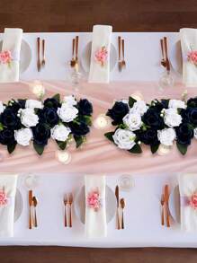 1 件人造花婚礼中心装饰假花蓝色和奶油红色丝绸花艺餐桌旗中心装饰，玫瑰花房间接待桌装饰派对礼品房间装饰新娘 - 黑與白 - 查看 8