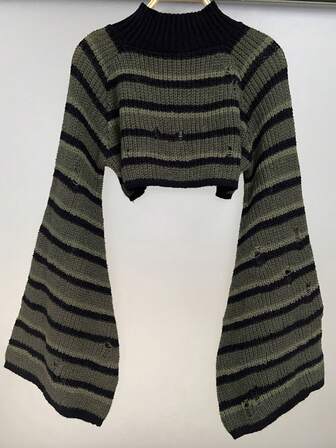 Women Short Turtleneck Long Bell Sleeve Striped Distressed Knit Sweater, Autumn/Winter