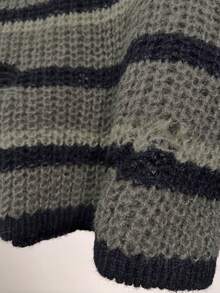 女士短款高领长袖条纹做旧针织毛衣，秋冬休闲款 - 軍綠色 - 查看 4