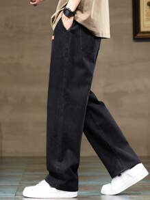 2pcs Men's Drawstring Elastic Waist Washed Loose Straight Leg Jeans, Versatile Wide Leg Jeans With Pockets For Everyday Wear - Multicolor - View 6