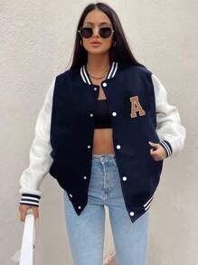 1 szt. nastoletnia dziewczyna luźna, swobodna, patchworkowa, blokowa, z nadrukiem w litery, dzianinowa, ściągaczowa, sportowa kurtka z zamkiem błyskawicznym, mundur baseballowy, wiosna/jesień/zima