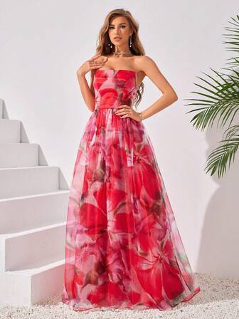 LOVE&LEMONADE Elegante abito da sera lungo in chiffon con stampa floreale, schiena scoperta e incrocio, adatto per feste, matrimoni, cerimonie e occasioni formali