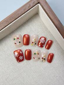 10 件高端圣诞雪花手工假指甲，女孩圣诞礼物，圣诞节指甲装饰用品 - 彩色 - 查看 4