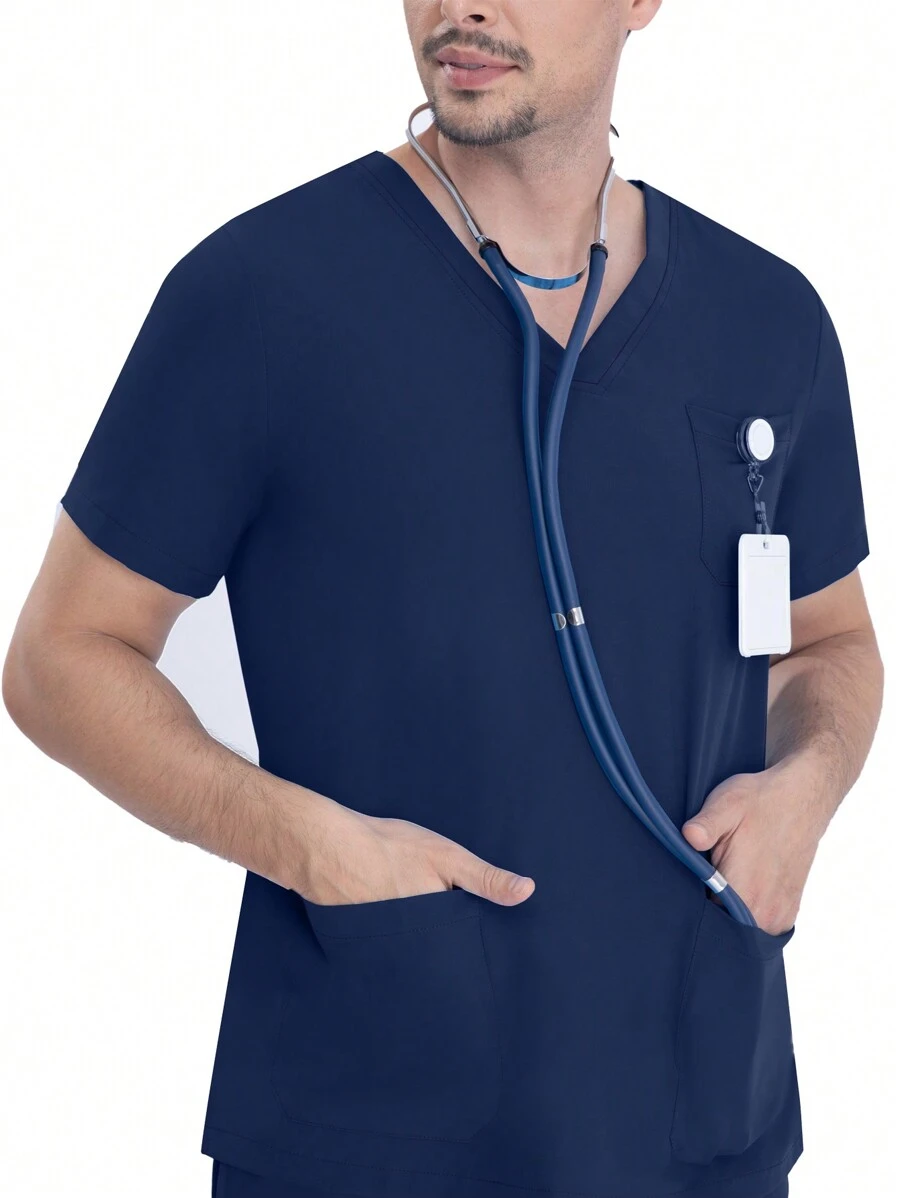 Men's Short Sleeve Elastic Workwear, Lab/Veterinary/Beauty Salon Work Clothing, Breathable & Stretchy