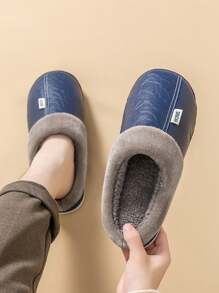 Pantuflas impermeables para hombres, forradas térmicamente de PU, mullidas para interiores, zapatos de estar por casa con suela antideslizante para invierno