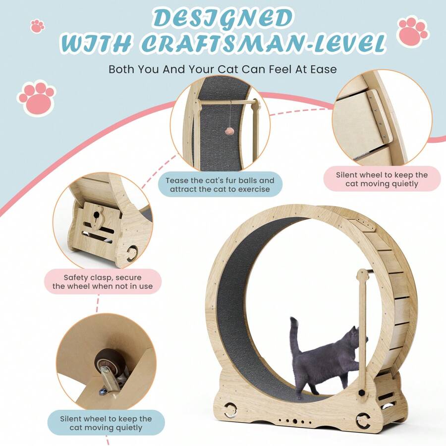 Cat Exercise Wheel - Indoor Cat Treadmill With Carpeted Running Track, Cat Exercise Wheel With Teaser Equipment, Safety Cat Treadmill With Locking Latch, Natural Wood, 39.4 "L X 13.2 "W X 41.3 "H - 自然的 - 查看 1