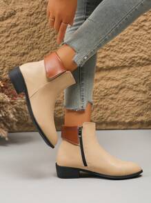 新款秋冬时尚英伦风粗跟靴户外时尚侧拉链杏色短靴外贸大码36-43浅绿棕色PU女式踝靴短靴 - 杏色 - 查看 3