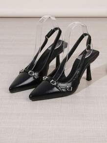 2024 春秋新款金属扣尖头细跟低鞋面露背女士高跟凉鞋 - 黑色 - 查看 2