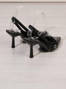 2024 春秋新款金属扣尖头细跟低鞋面露背女士高跟凉鞋 - 黑色 - 查看 6