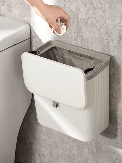 1pc Hanging Trash Bin, Small Garbage Can With Lid Suitable For Kitchen Cabinet Door Or Sink, Bathroom Trash Can With Lid, Food Waste Bin, Compost Bin, Back Hanging Hook Style ﻿