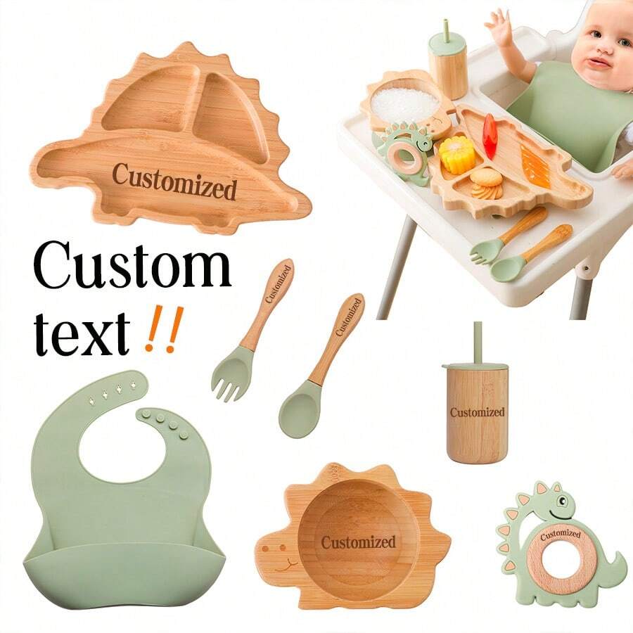 Personalized Customizable Baby Bamboo Wooden Tableware Set Dinosaur Bamboo Wooden Plate Bowl Silicone Suction Newborn Feeding Bowl Wooden Kids Fork Spoon Feeding Supplies For Children Tableware Suction Sun Shaped Bowl Newborn Gift Set - Multicolor - View 1