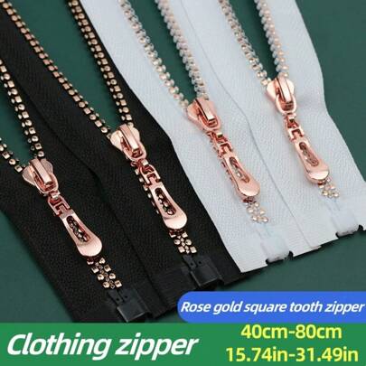 5pcs 5# Square & Round Rose Gold Single-Slider Zippers For Clothing & Jackets, Available In Black & White, Multiple Sizes