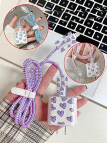 5pcs/Set Heart Design Charging Cable Protectors & Charger Covers In Pink/Purple/Blue, 1.5m Laser Twisted Wire Organizer, TPU Data Cable Saver, Compatible With IPhone 12/13/14 20W Fast Charging Adapter - Multicolor - View 11