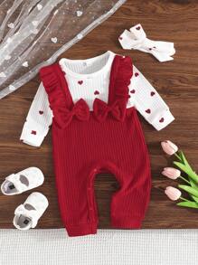 Baby Mädchen niedlicher Jumpsuit mit Schleife und Langarm, Latzhose mit Blumenmuster Romper, inklusive bedrucktem Herz Stirnband