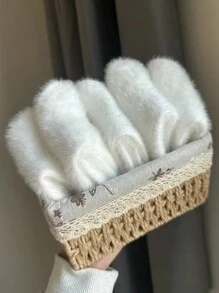 5 Pairs Autumn/Winter Solid Color Fluffy Lined Warm Crew Socks For Women