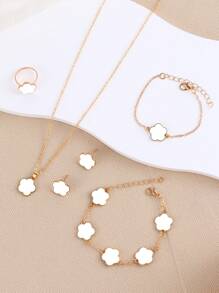 Bộ trang sức trẻ em 6 món, bao gồm dây chuyền, vòng tay, nhẫn, hoa tai bằng hợp kim kẽm hình cỏ ba lá và hoa - trắng - Xem 3