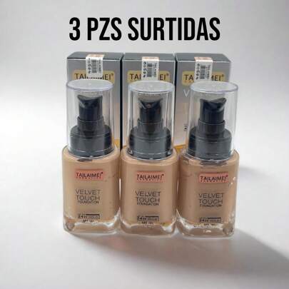 Base de maquillaje liquida de larga duracion y alta cobertura 24 H en 3 tonos diferentes: Beige, Fair y Nature a prueba de agua y con apariencia aterciopelada.