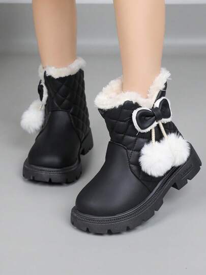 1 Par de Botas para Tornozelo Infantil Feminino com Laço, Pompom Fofos, Revestimento Peludo, Moda Retrô, Cor Sólida, Com Zíper Lateral, Confortável e Quente, Adequado para Uso Externo/Outono e Inverno