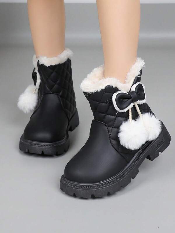 1 Paar Kindermädchen Schleifen Fellbommel Mode Flauschige gefütterte Knöchelstiefel, Retro einfarbige Kinderstiefel, seitlicher Reißverschluss, bequem und warm, geeignet für Outdoor/Herbst Winter