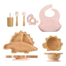 Personalized Customizable Baby Bamboo Wooden Tableware Set Dinosaur Bamboo Wooden Plate Bowl Silicone Suction Newborn Feeding Bowl Wooden Kids Fork Spoon Feeding Supplies For Children Tableware Suction Sun Shaped Bowl Newborn Gift Set - Multicolor - View 13