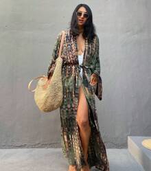 Plus Size Boho Chic Kimono Cover Up - Lightweight & Flowy Tie Dye Beachwear - Stylish Open Front For Women - 軍綠色 - 查看 3
