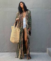 Plus Size Boho Chic Kimono Cover Up - Lightweight & Flowy Tie Dye Beachwear - Stylish Open Front For Women - 軍綠色 - 查看 1