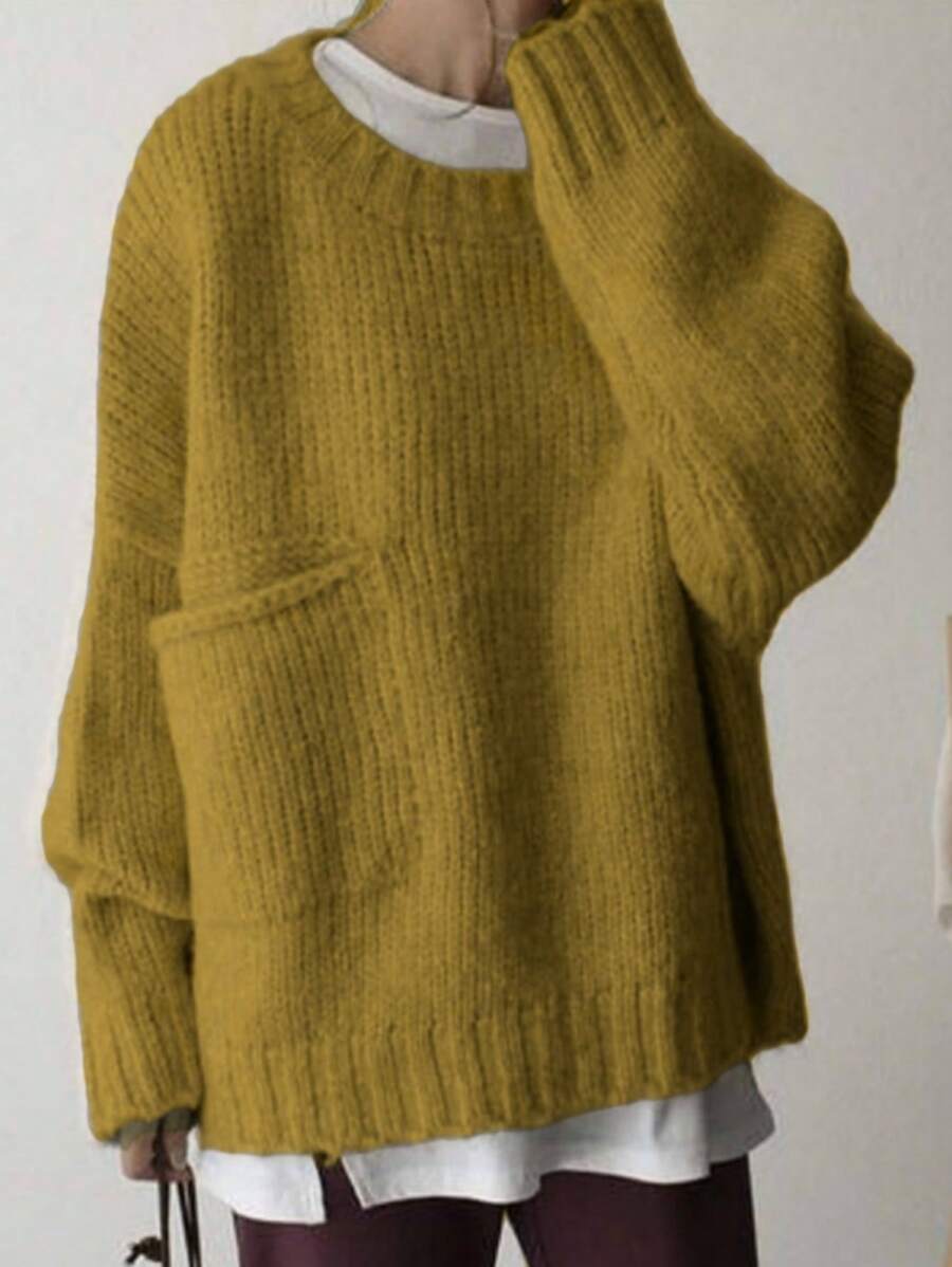 大码女式长袖套头毛衣,带侧袋,秋冬必备单品 - 芥末黃 - 查看 1