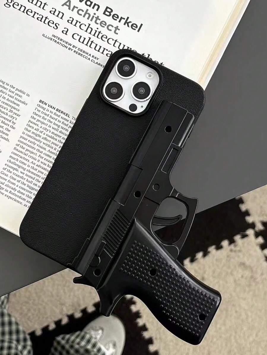 时尚新款3D黑色纹理枪形防摔手机壳，独特创意 - 黑色 - 查看 1