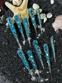 10 件纯手工按压式指甲套装，77 毫米长尖头 XXXXL 蓝色水钻性感高端奢华合金骷髅兔子，附赠 1 块果冻胶和迷你摩擦条作为礼物。适用于各种场合，如节日、聚会、约会、旅行等。DIY 指甲产品，适合女性和女孩 - 彩色 - 查看 1