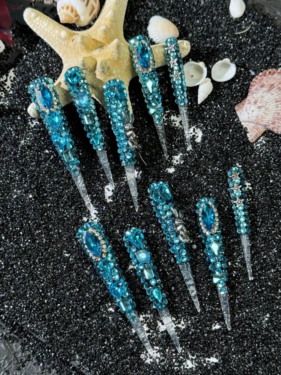 10 件纯手工按压式指甲套装，77 毫米长尖头 XXXXL 蓝色水钻性感高端奢华合金骷髅兔子，附赠 1 块果冻胶和迷你摩擦条作为礼物。适用于各种场合，如节日、聚会、约会、旅行等。DIY 指甲产品，适合女性和女孩 - 彩色 - 查看 1