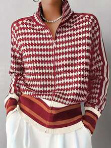 Women's All-Over Print Raglan Sleeve Zip Front Knit Stand Collar Cardigan - Red - View 4