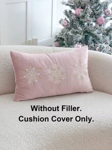 1pc Christmas Pink Snowflake Embroidered Decorative Pillowcase, Suitable For Indoor Decoration, Christmas Decor, Without Pillow Insert - Pink - View 3