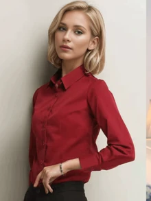 Women Long Sleeve Wrinkle-Resistant Shirt, Korean Style Business Formal Workwear Top, Spring/Autumn 2025 - Burgundy - View 4