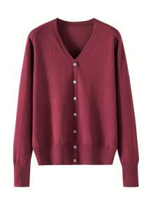 GIGOGOU Women's Solid Color Button Front Long Sleeve Casual Top, Everyday Wear - Burgundy - View 6