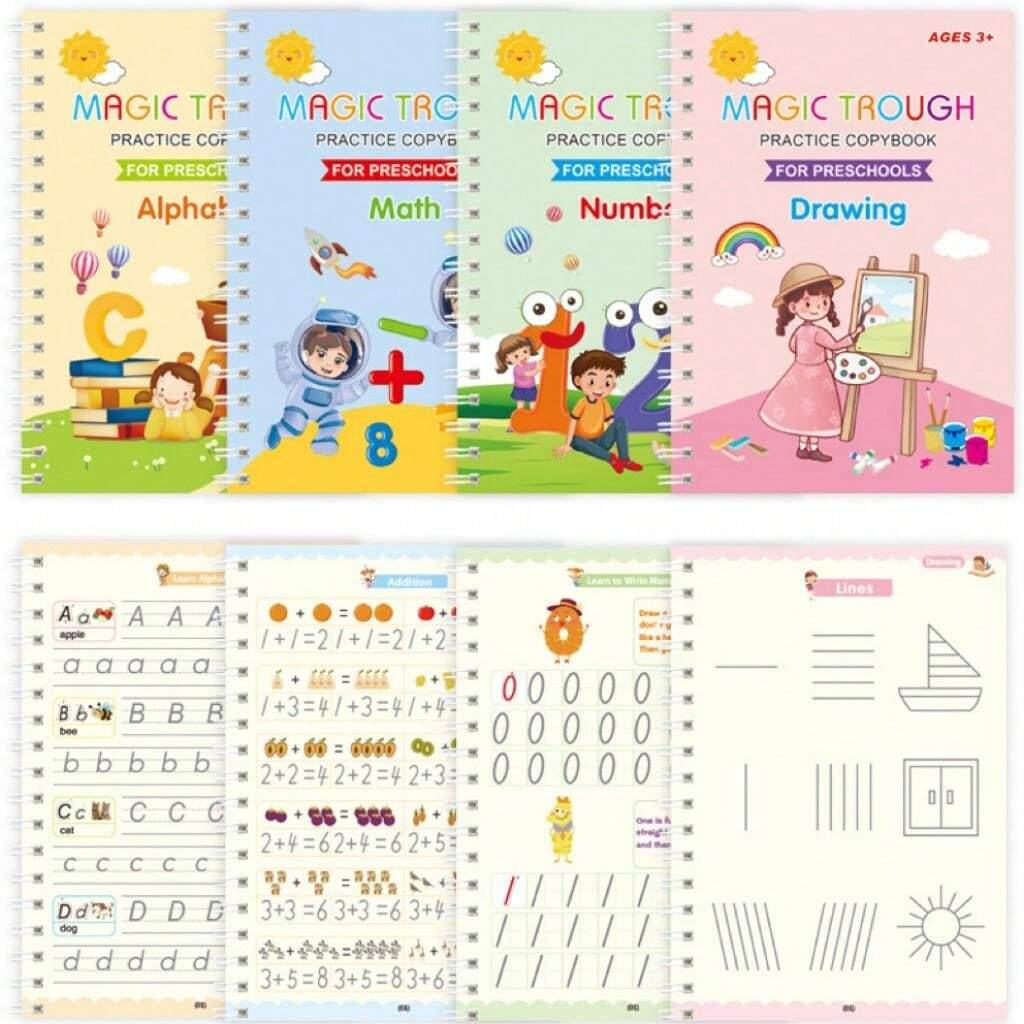 4 Magic Exercise Books+ 1 Pen Box + 5 Refills + 1 Pen Holder, Reusable